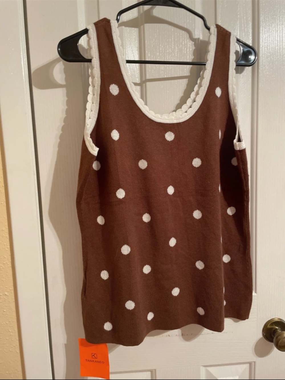 Amazon Brown Polka Dot Tank Top with White Trim